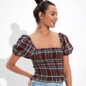 American Eagle Smocked Puff Sleeve Maroon Plaid Blouse Square Neck M NWOT